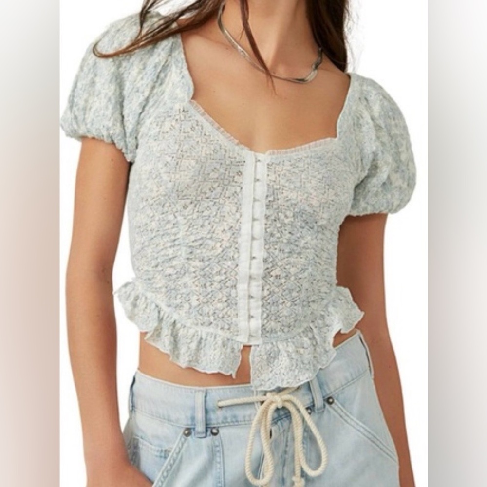 Free People Oh Baby Puff-Sleeve Lace Blouse in Blue and Cream